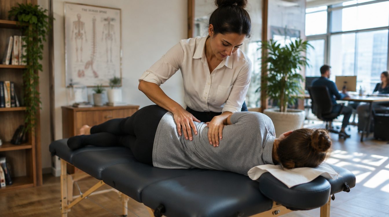 Ostéopathie en entreprise Ostéopathe Osteoburo réalisant une consultation d’ostéopathie en entreprise, praticienne soignant le dos d’une collaboratrice allongée sur table dans un open space
